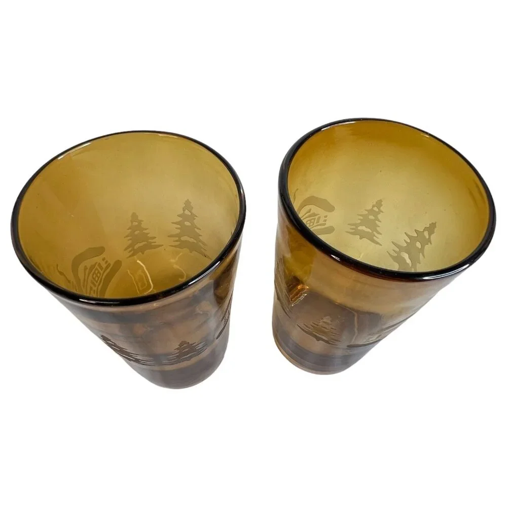 2 Home Studio Woodland Amber Glass Tumblers Etched Winter Scene 20 OZ Cabin Tree